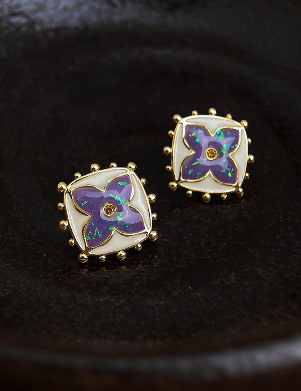 Four-Leaf Clover Square Studs — purple earrings