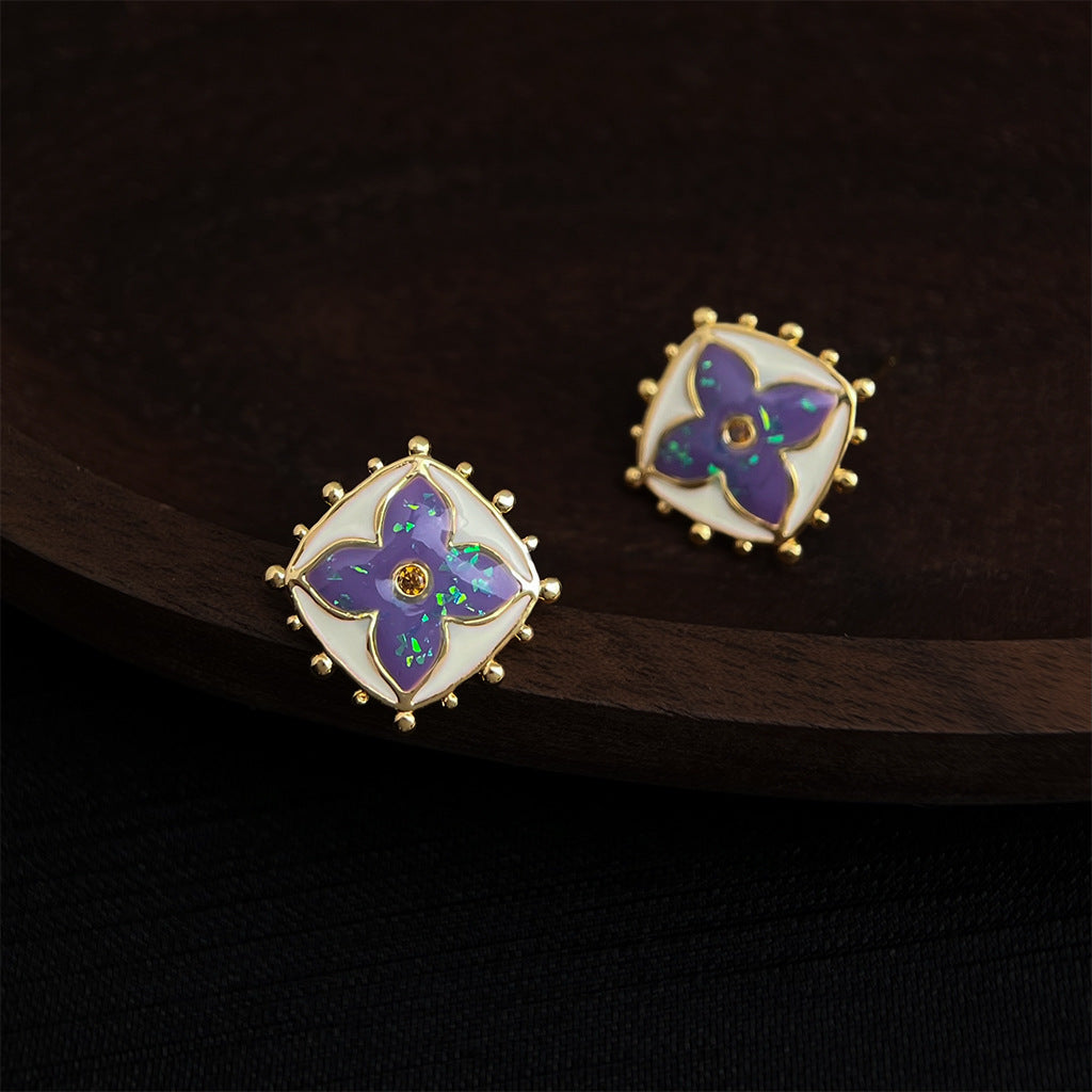 Four-Leaf Clover Square Studs — purple earrings, view 2
