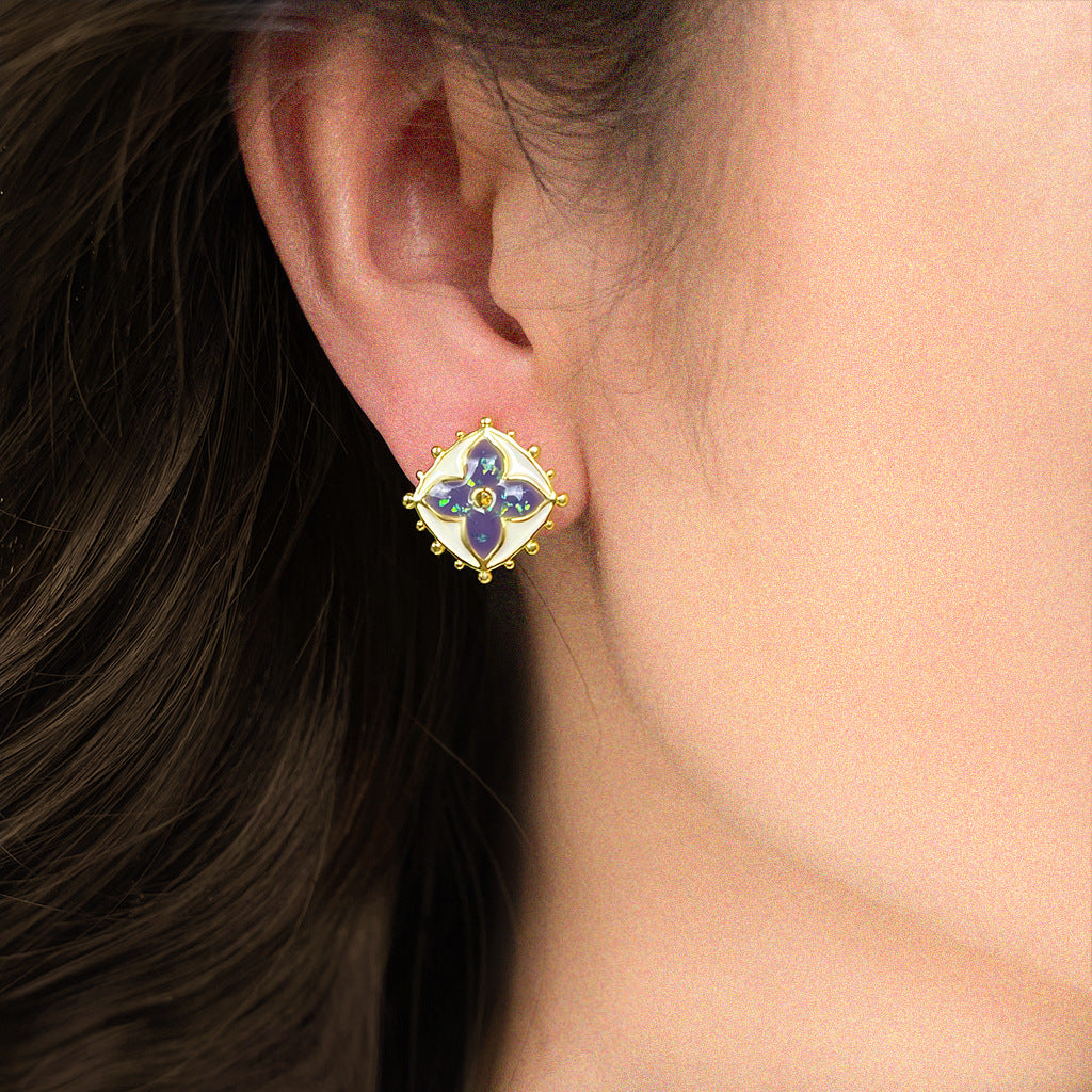 Four-Leaf Clover Square Studs — purple earrings, view 3