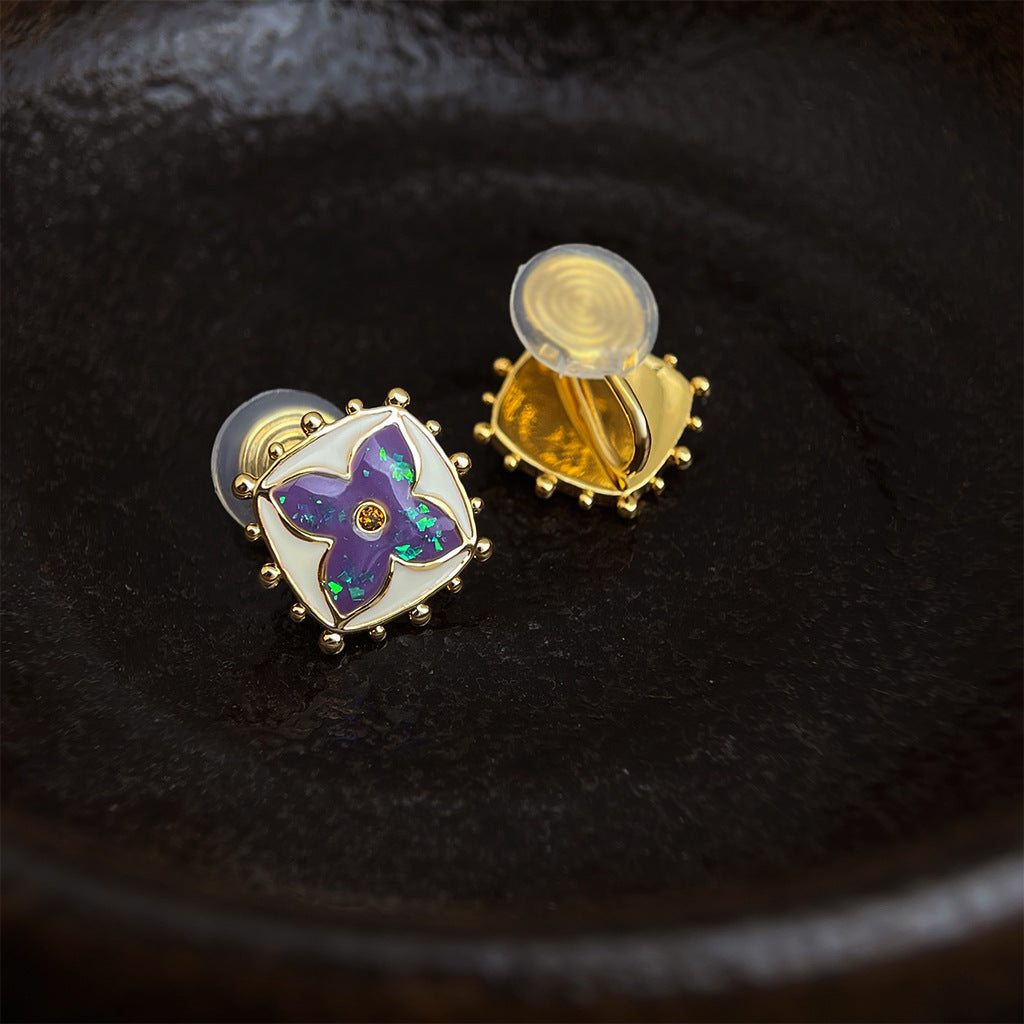 Four-Leaf Clover Square Studs — purple earrings, view 4
