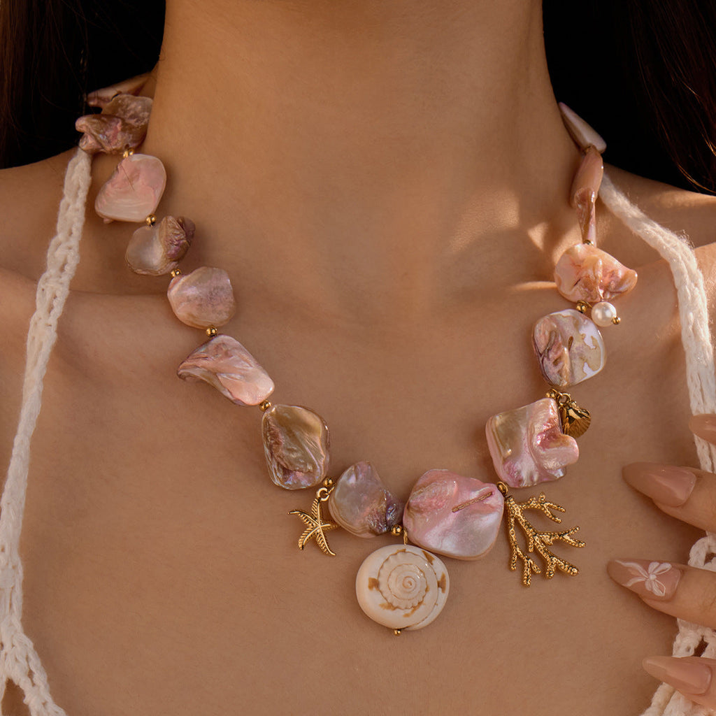 Shell Statement Necklace — pink necklace, view 2