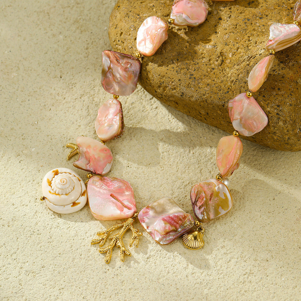 Shell Statement Necklace — pink necklace, view 3