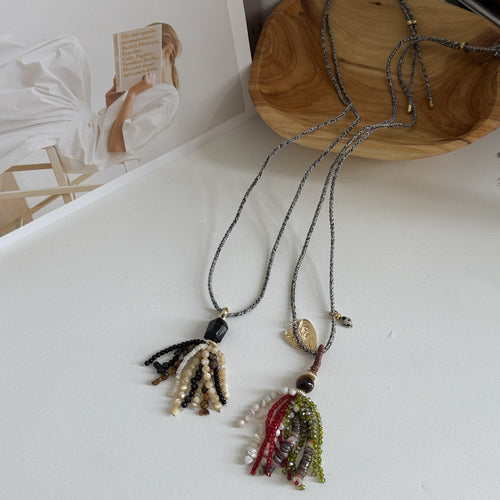Beaded Long Tassel Necklace — necklace, view 2