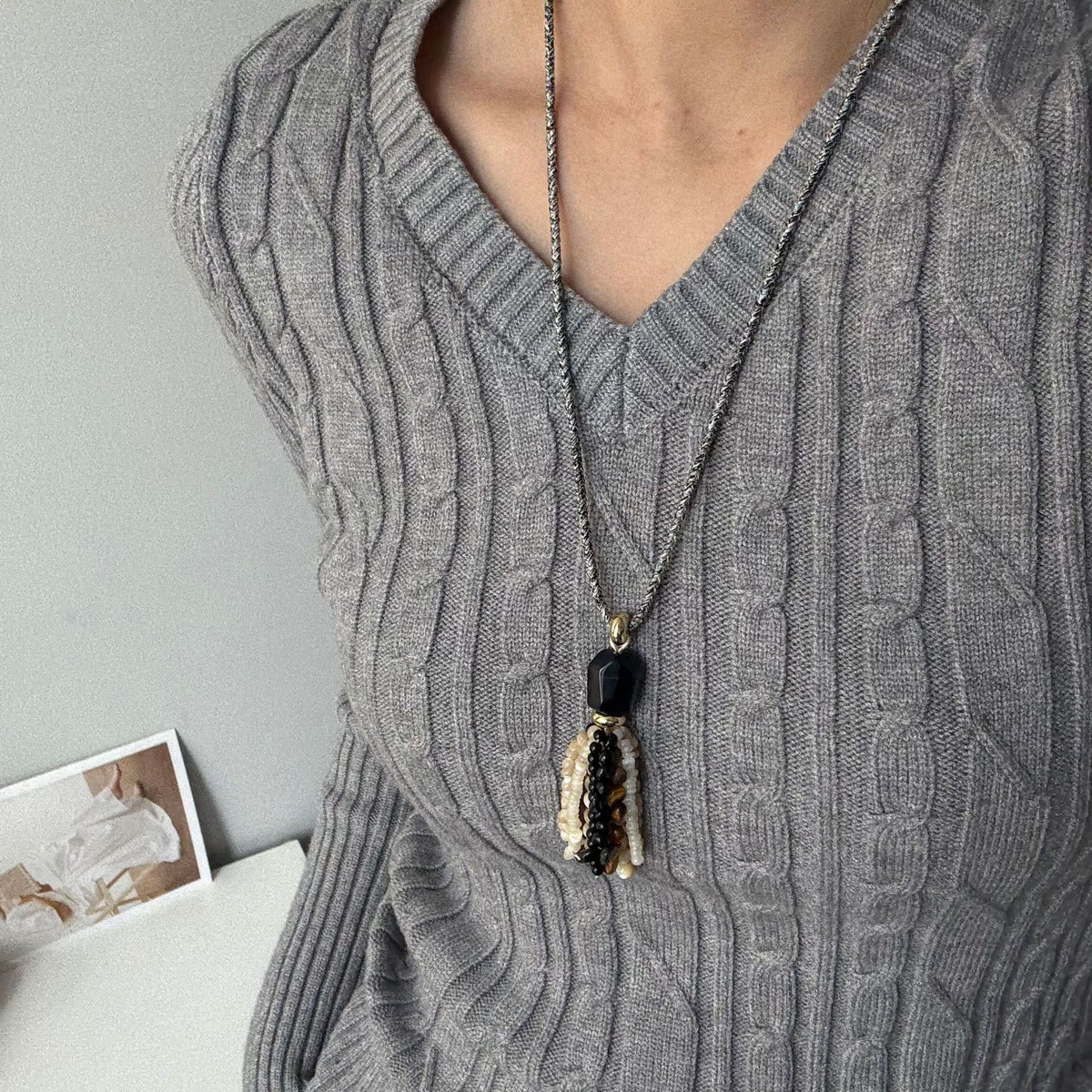 Beaded Long Tassel Necklace — necklace, view 7