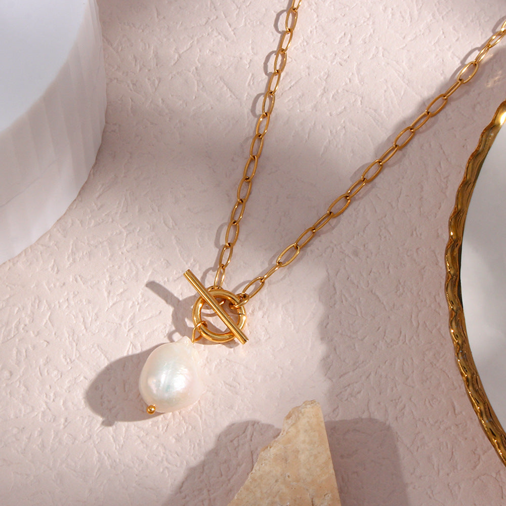 Baroque Pearl Toggle Necklace — gold necklace, view 2
