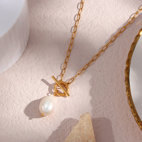 Baroque Pearl Toggle Necklace — gold necklace, view 2
