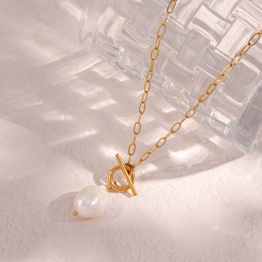 Baroque Pearl Toggle Necklace — gold necklace, view 3
