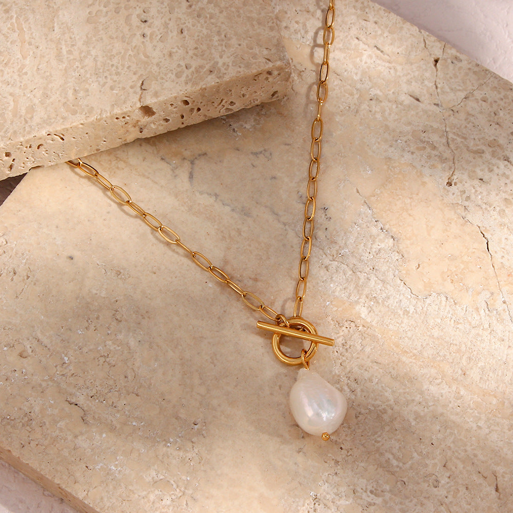 Baroque Pearl Toggle Necklace — gold necklace, view 4