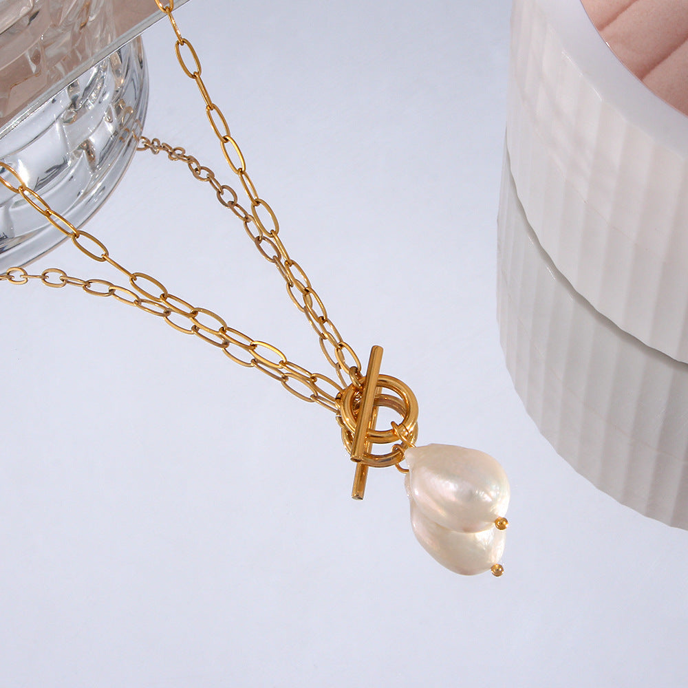 Baroque Pearl Toggle Necklace — gold necklace, view 7