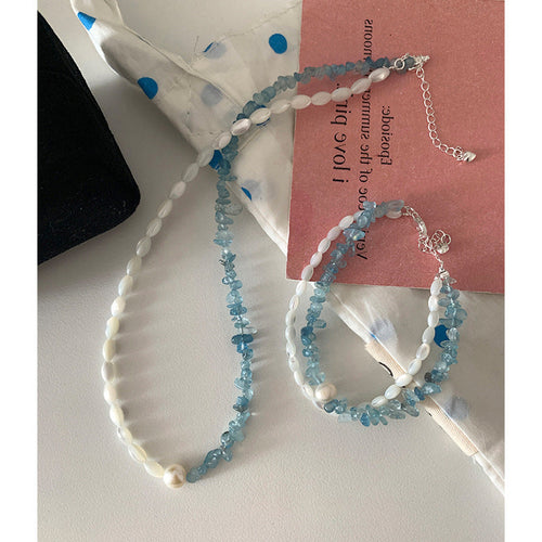 Asymmetric Beaded Necklace — blue necklace, view 2
