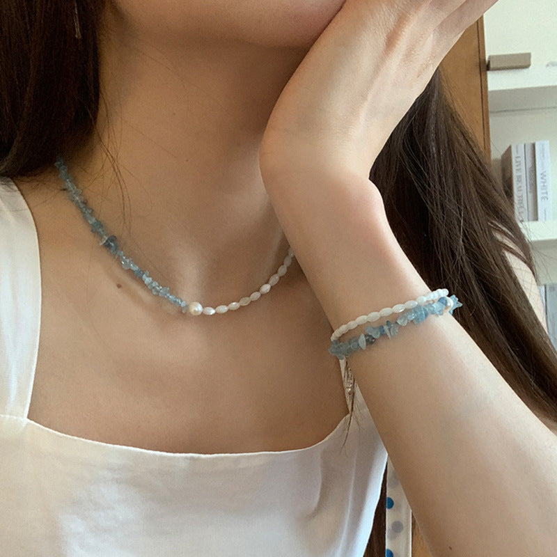 Asymmetric Beaded Necklace — blue necklace, view 5