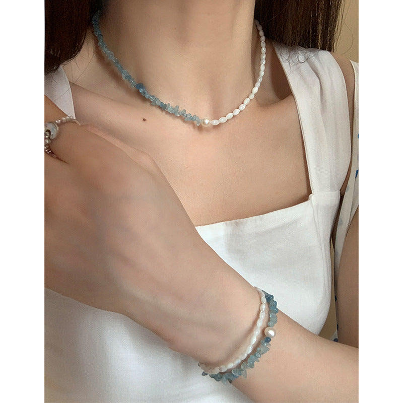 Asymmetric Beaded Necklace — blue necklace, view 6
