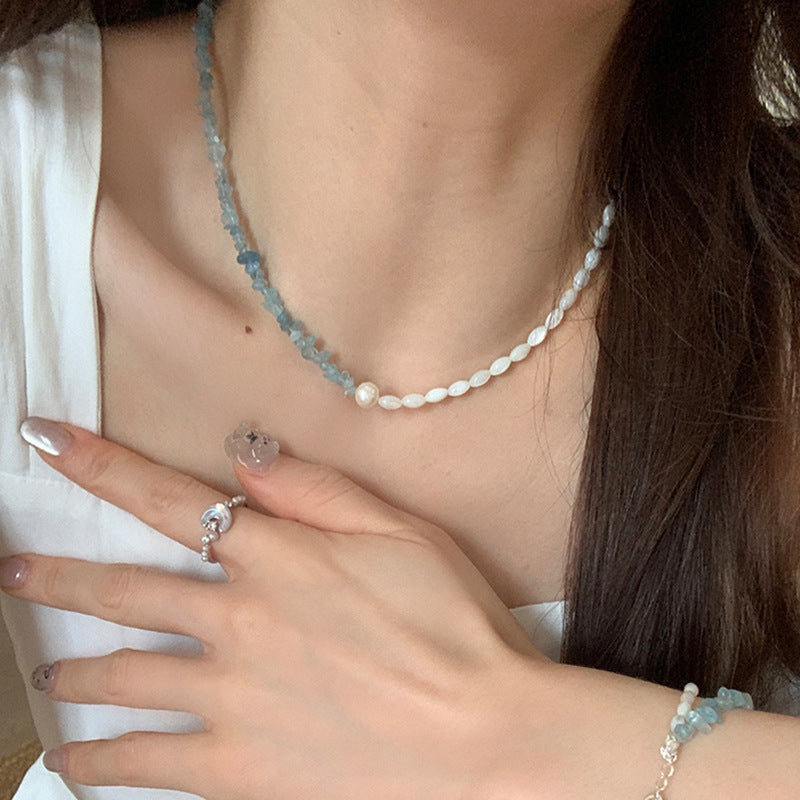 Asymmetric Beaded Necklace — blue necklace, view 10
