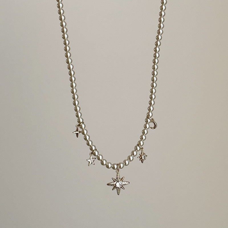 Starburst Pendant Pearl Necklace — silver necklace, view 2
