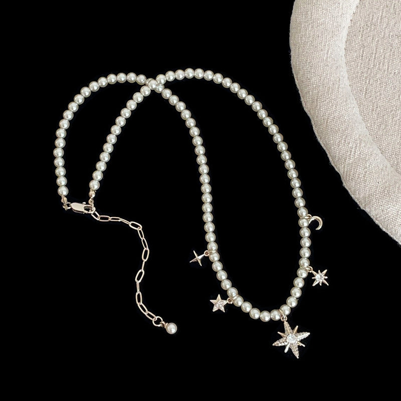 Starburst Pendant Pearl Necklace — silver necklace, view 4