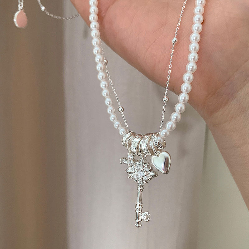 Heart, Cross and Key Charm Necklace — silver necklace, view 2
