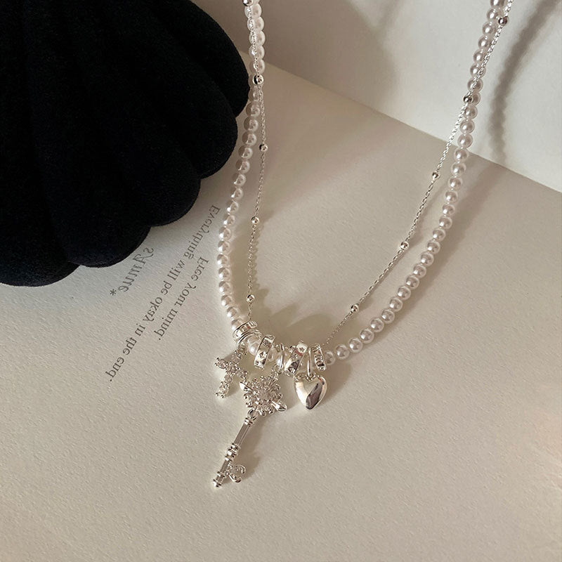 Heart, Cross and Key Charm Necklace — silver necklace, view 3