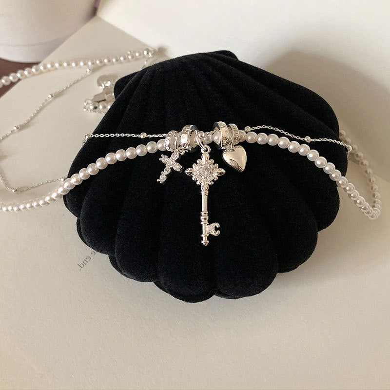 Heart, Cross and Key Charm Necklace — silver necklace, view 4