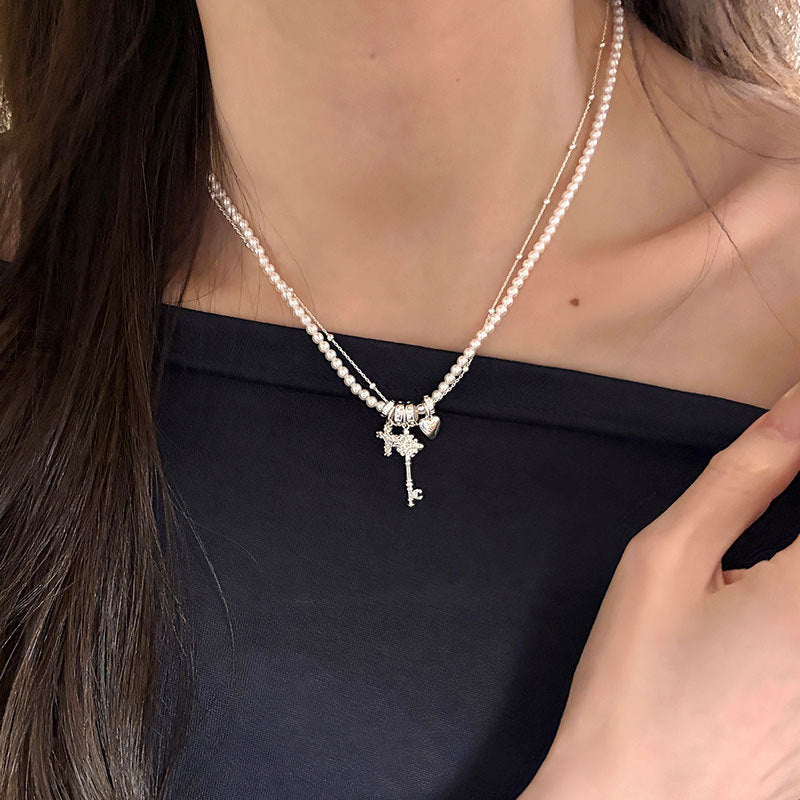 Heart, Cross and Key Charm Necklace — silver necklace, view 5