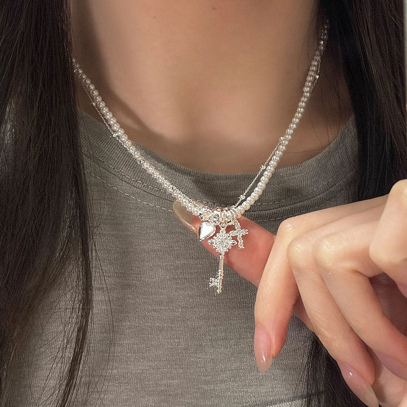 Heart, Cross and Key Charm Necklace — silver necklace, view 6