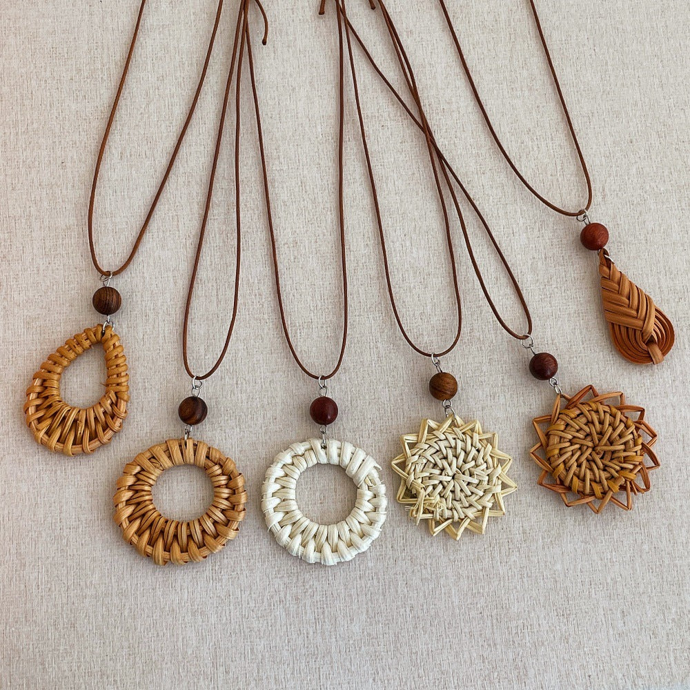 Straw Braided Pendant Necklace — necklace, view 2