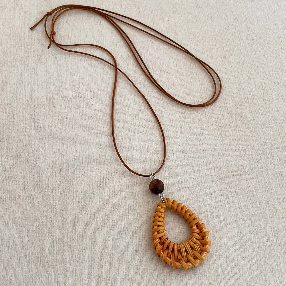 Straw Braided Pendant Necklace — necklace, view 3