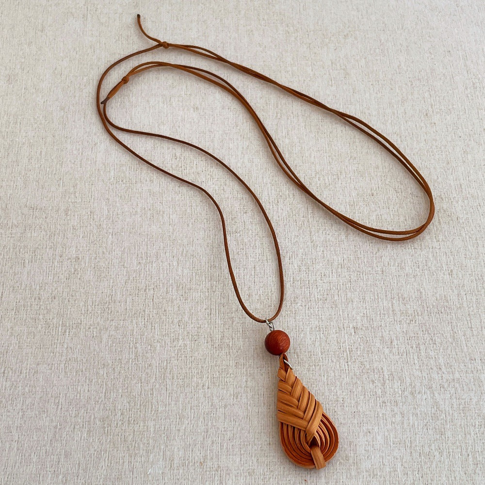 Straw Braided Pendant Necklace — necklace, view 4