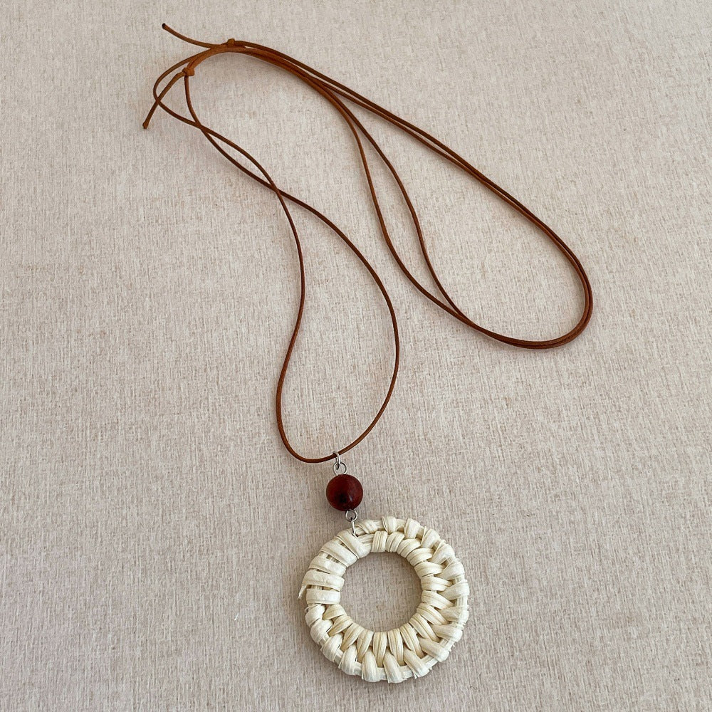 Straw Braided Pendant Necklace — necklace, view 5