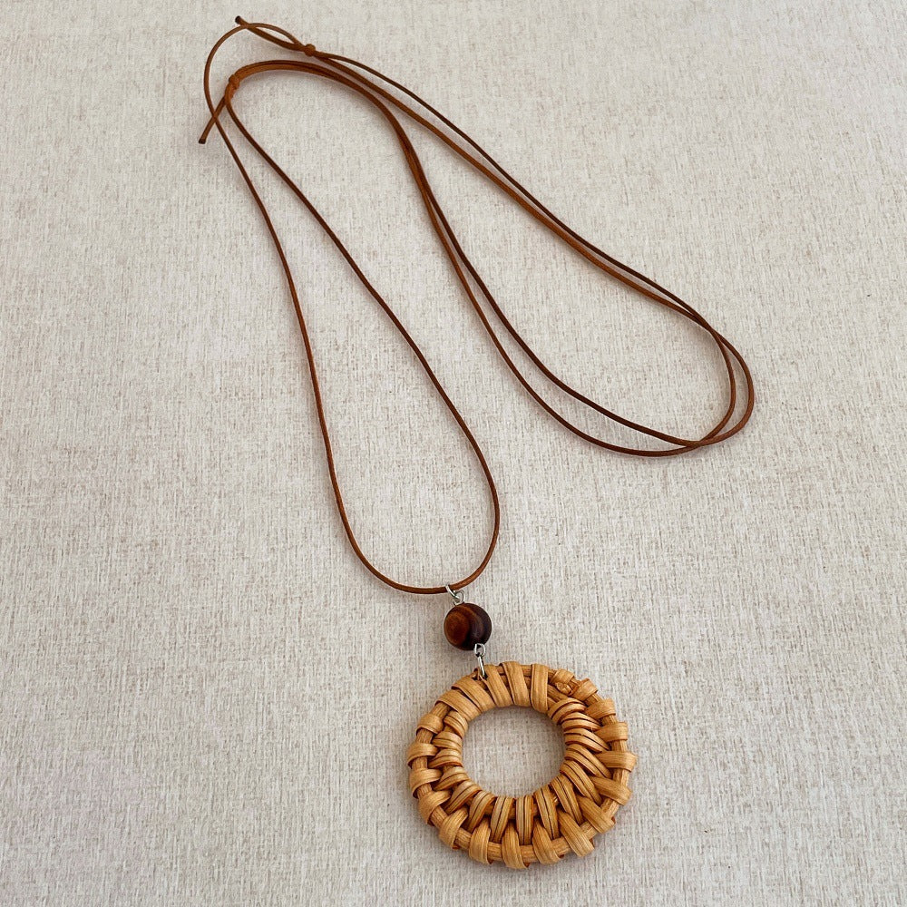 Straw Braided Pendant Necklace — necklace, view 6