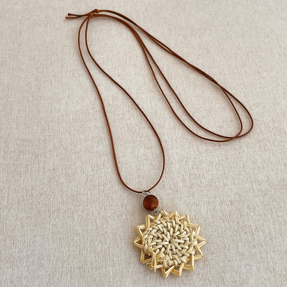 Straw Braided Pendant Necklace — necklace, view 7