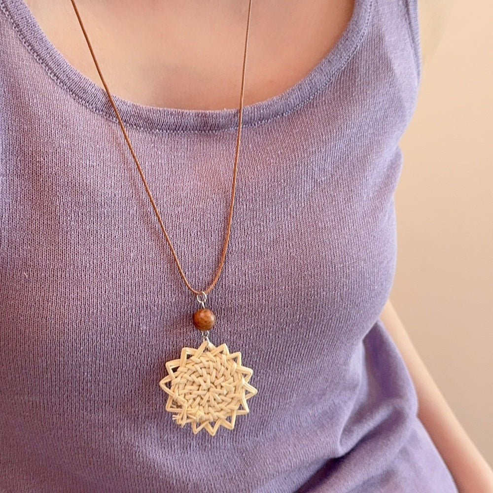 Straw Braided Pendant Necklace — necklace, view 9