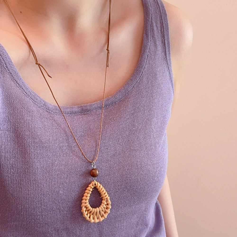 Straw Braided Pendant Necklace — necklace, view 10