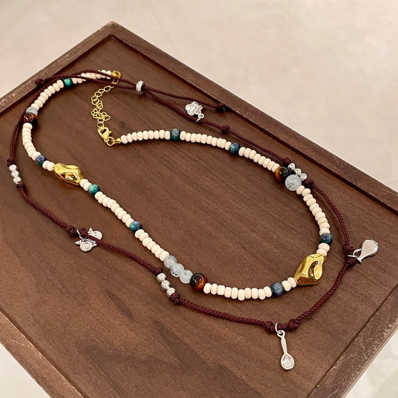 Double-Layer Braided Bead Choker — brown necklace, view 2