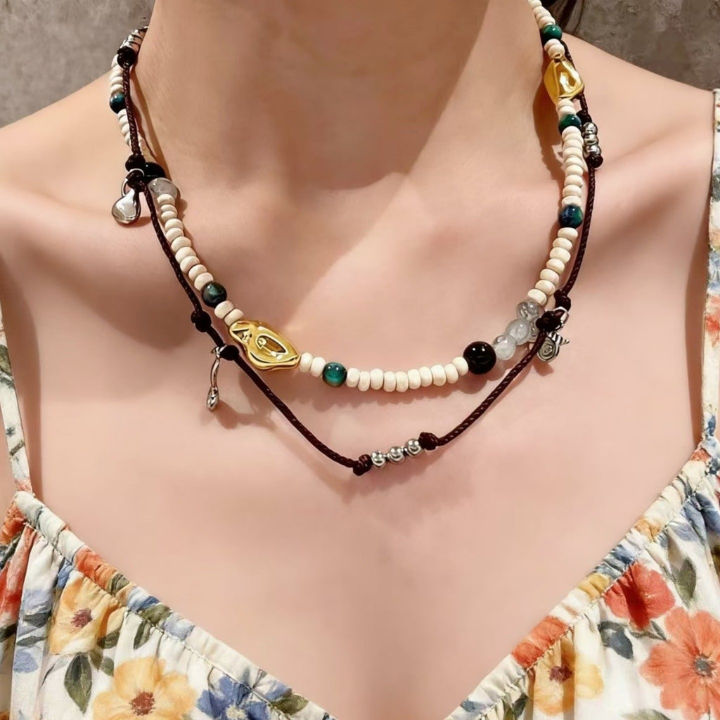 Double-Layer Braided Bead Choker — brown necklace, view 3