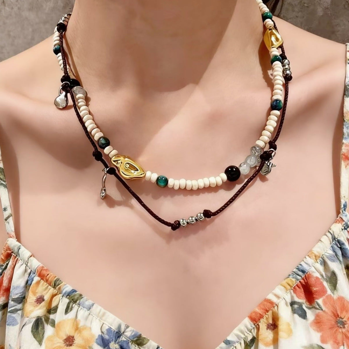 Double-Layer Braided Bead Choker — brown necklace, view 3