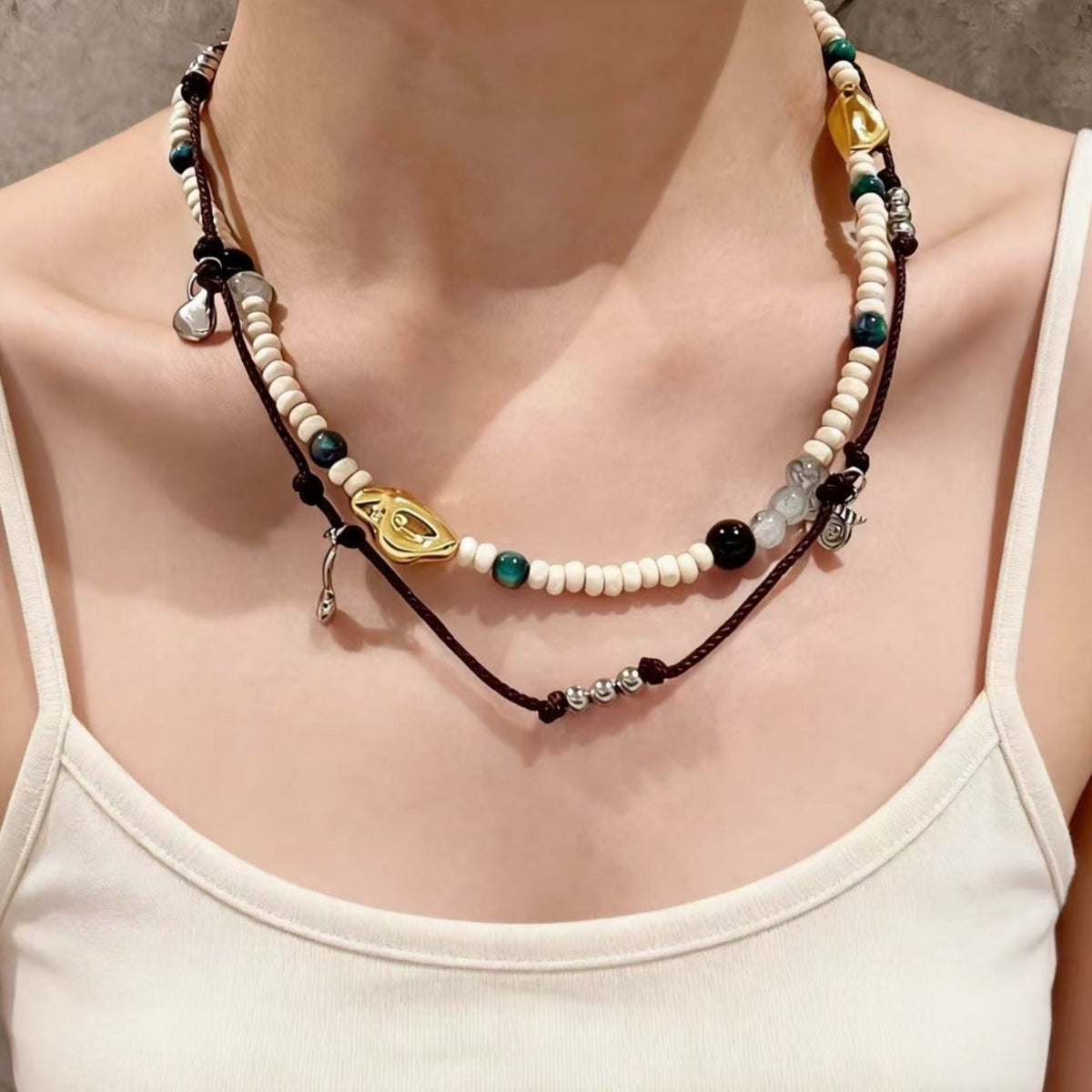 Double-Layer Braided Bead Choker — brown necklace, view 4