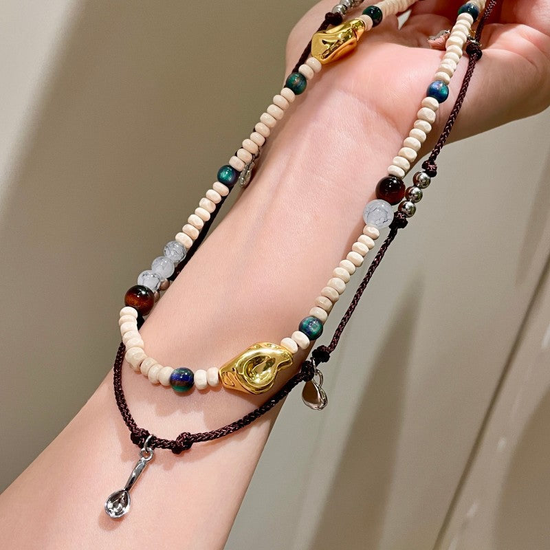 Double-Layer Braided Bead Choker — brown necklace, view 5