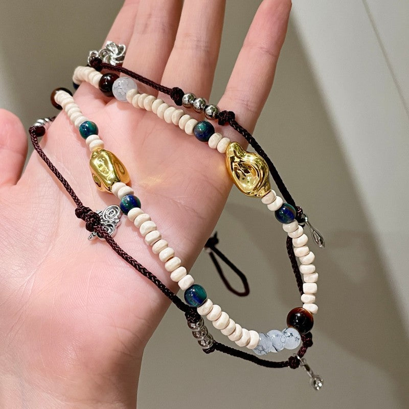 Double-Layer Braided Bead Choker — brown necklace, view 6