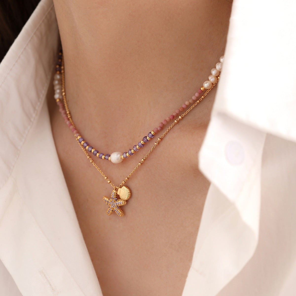Starfish Beaded Choker Necklace — necklace, view 2