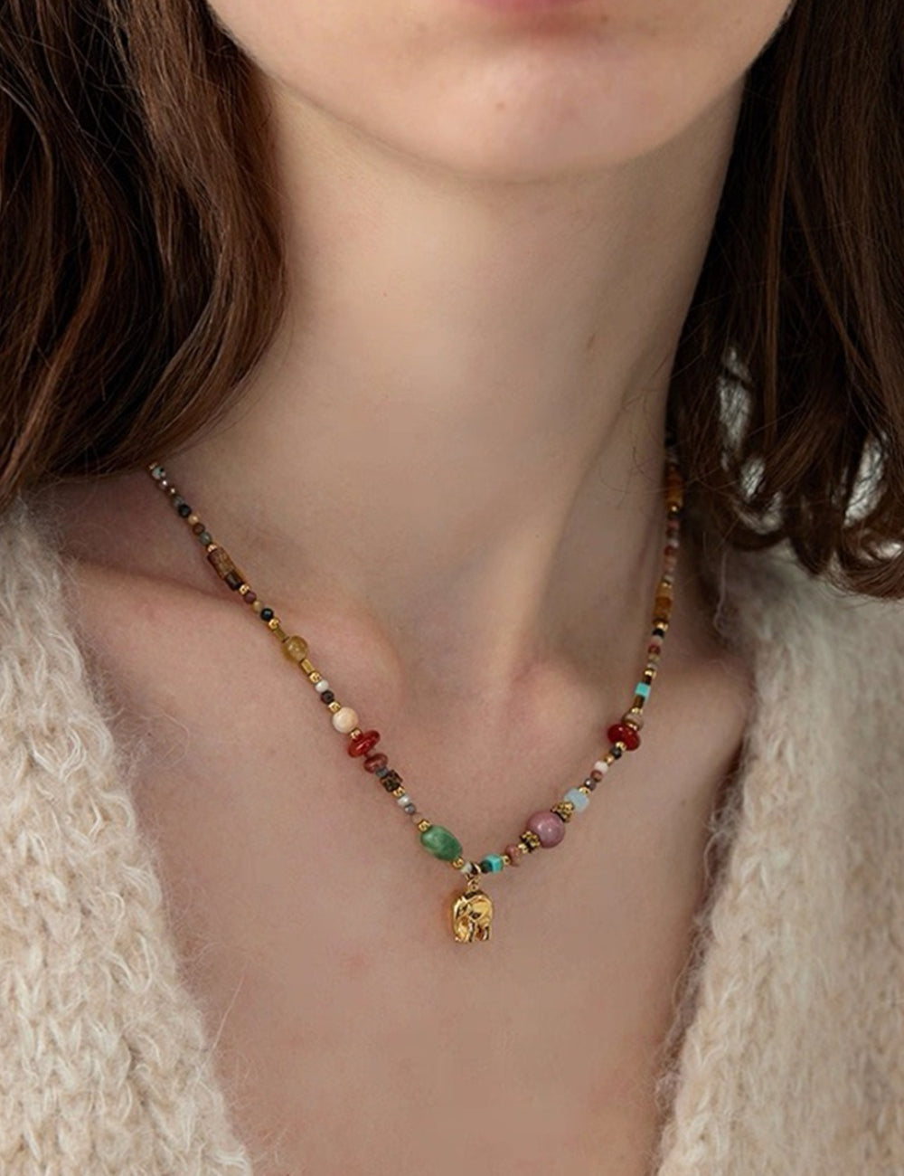 Beaded Necklace With An Elephant Pendant — colorful necklace, view 2
