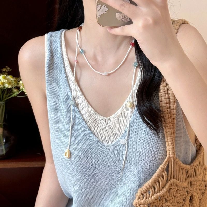 Fine White Shell Beaded Necklace — white necklace, view 3
