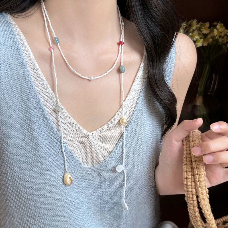 Fine White Shell Beaded Necklace — white necklace, view 5