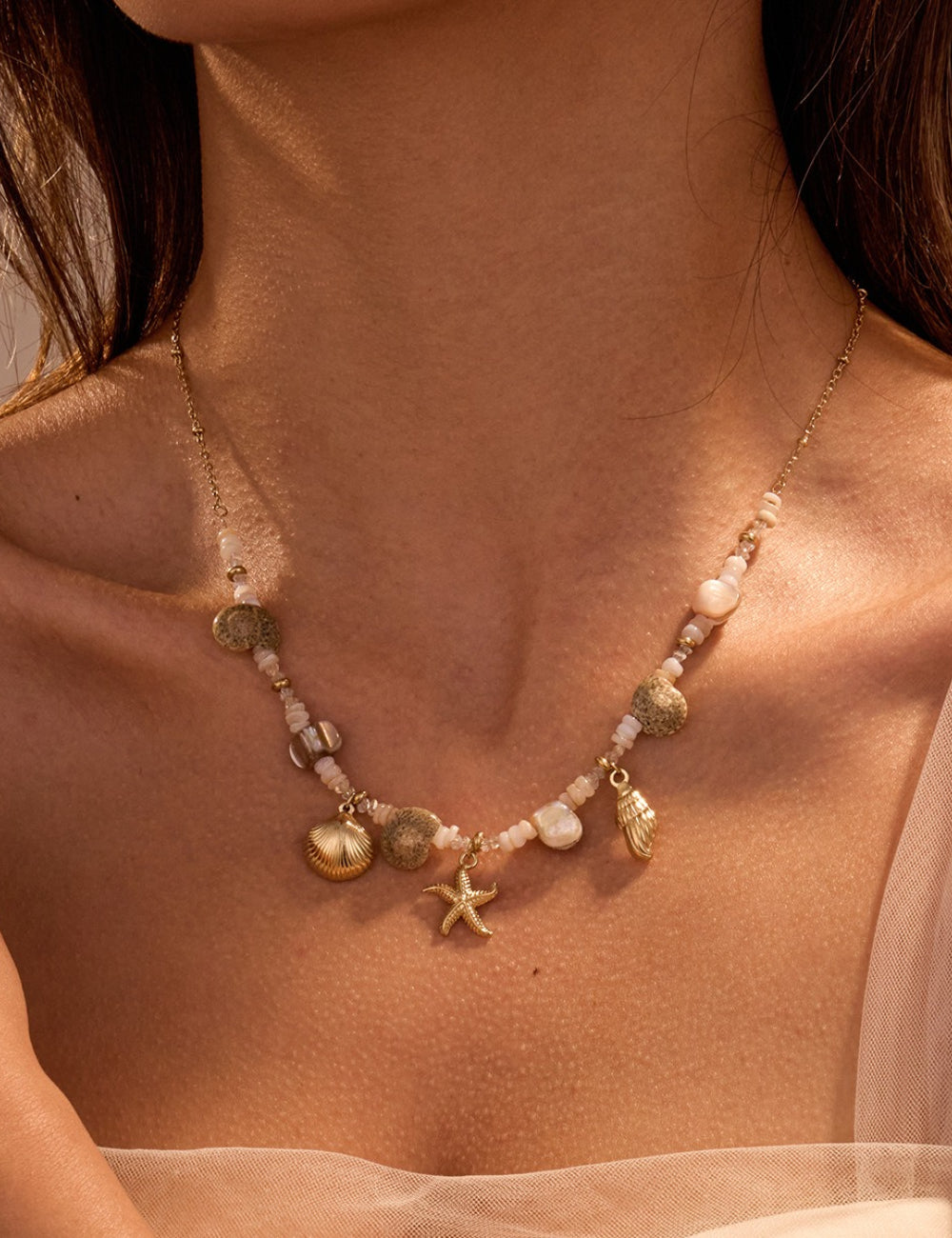 Starfish Shell Beaded Necklace — gold necklace