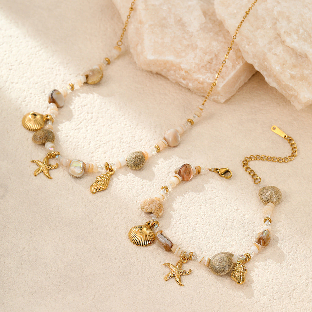 Starfish Shell Beaded Necklace — gold necklace, view 2