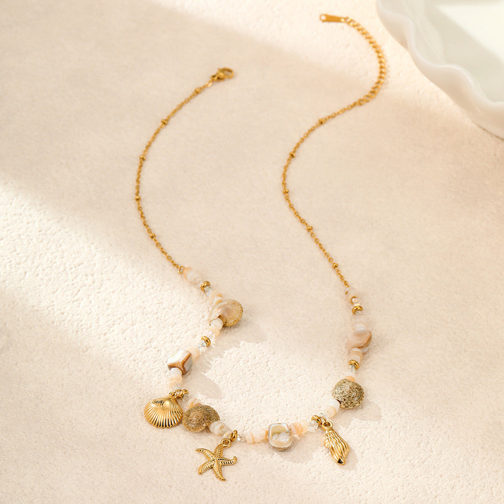 Starfish Shell Beaded Necklace — gold necklace, view 3