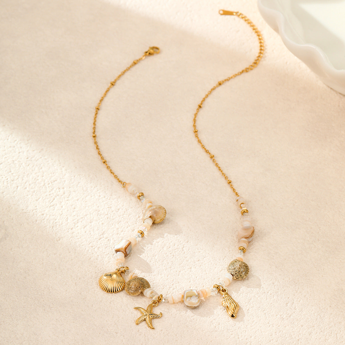 Starfish Shell Beaded Necklace — gold necklace, view 3