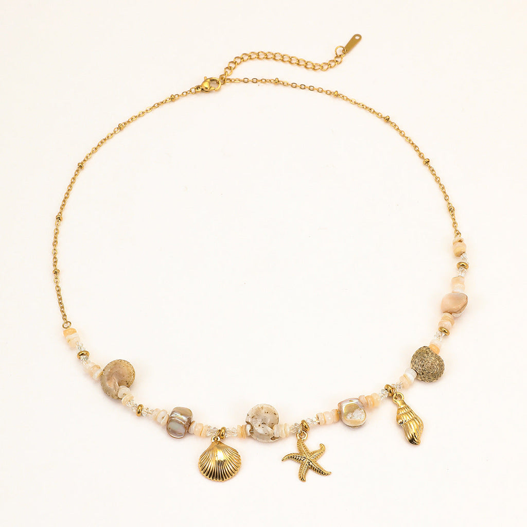 Starfish Shell Beaded Necklace — gold necklace, view 5