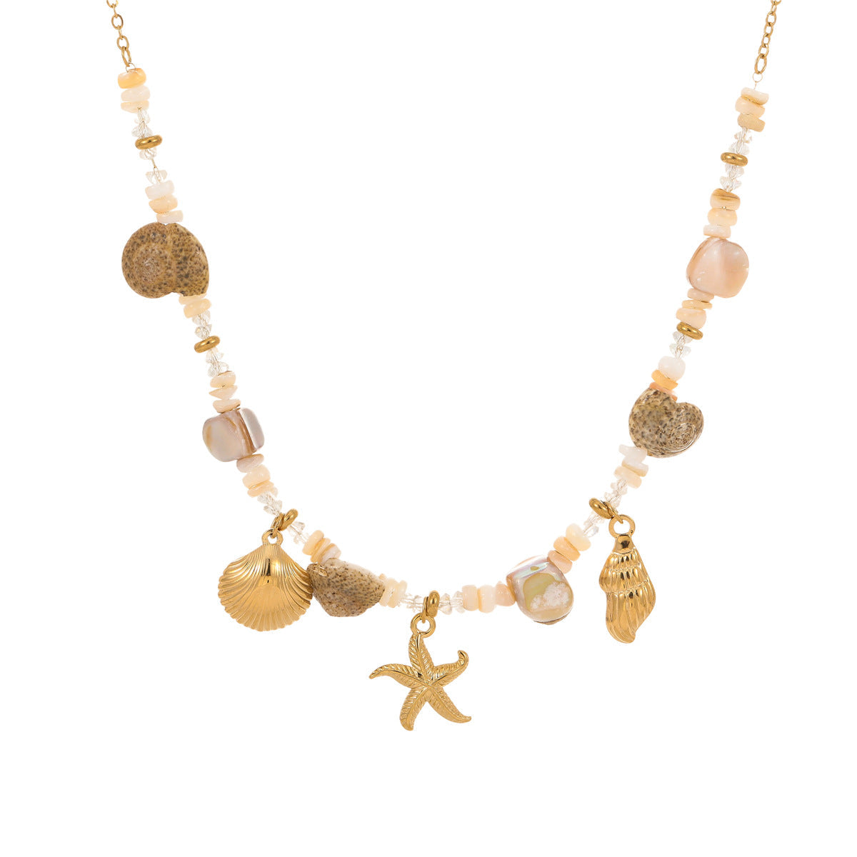 Starfish Shell Beaded Necklace — gold necklace, view 6