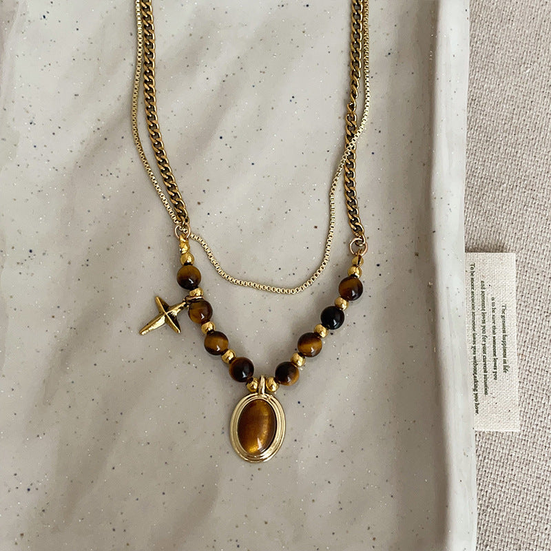 Tiger Eye Sunflower Necklace — brown necklace, view 4