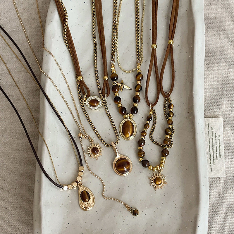 Tiger Eye Sunflower Necklace — brown necklace, view 6